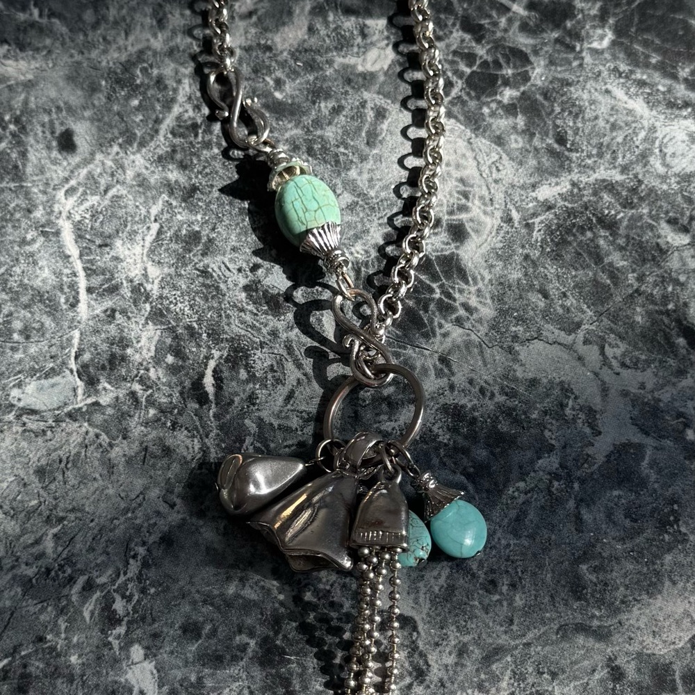 Silver Chain Necklace with Turquoise Charm Accents